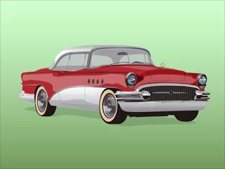 Foto op Canvas Vector retro car 50-60 years isolated on green background with shadow © Alexandru