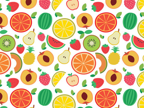 Fruits seamless pattern. Vector flat Illustrations of watermelon, banana, cherry, apple, strawberries, raspberries, blackberries, orange, kiwi fruit, pear for web, print and textile