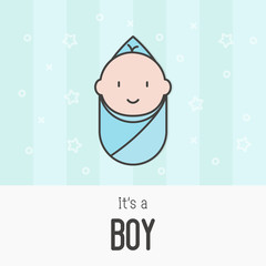 'It's a boy' concept for greeting card or invitation. Thin line vector illustration with newborn.