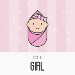 'It's a girl' concept for greeting card or invitation. Thin line vector illustration with newborn.