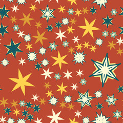 Seamless texture vintage red stylized flowers and stars.