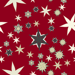 Seamless texture stylized flowers and stars on dark red