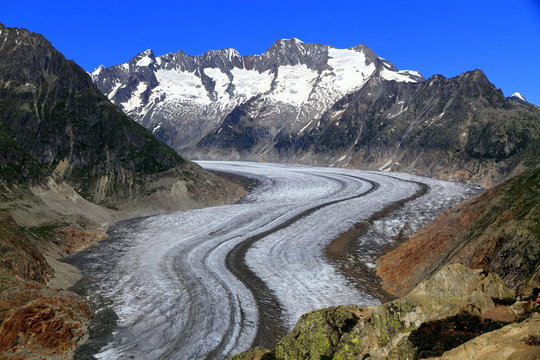 A breathtaking view of the Aletsch glacier, the largest glacier in the Alps from Moosfluh over Riederalp, Canton Valais, Switzerland