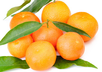 sweet orange fruits with leaf isolated on white background