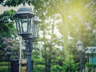 Fototapeta na wymiar Vintage lanterns on the garden with sun light. Garden design and decoration.