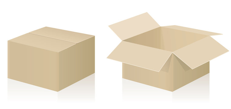 Carton box, strong cardboard - closed and opened - isolated vector illustration on white background.