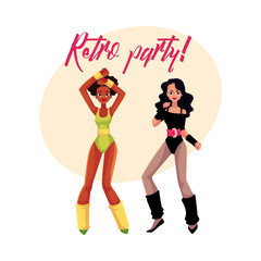Retro disco party banner, invitation with two girls in 1980s style aerobic outfit, cartoon vector illustration. 80s style retro disco party invitation banner, poster layout with two aerobics girl