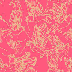 Vintage hummingbirds seamless pattern in soft colors