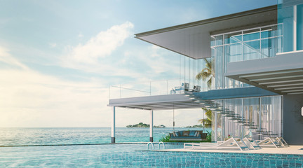 Fototapeta premium Sea view swimming pool in modern loft design,Luxury ocean Beach house