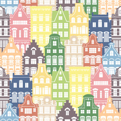 Naklejka premium Seamless shapes pattern of Holland old houses facades. Traditional architecture of Netherlands. Colorful illustration in the Dutch style.