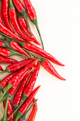 red hot chili peppers, popular spices concept - beautiful bunch of red chili hot pepper, fresh ripe pods with green peduncle on white background, flat lay, toop view, free space for text, vertical