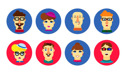 Flat human faces. Cartoon male and female avatar. People icon set.