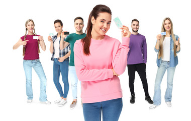 Obraz premium Group of people holding blank business cards on white background