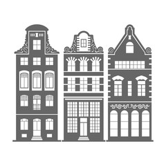 Set of 3 shape Amsterdam, Holland old houses facades. Traditional architecture of Netherlands. Silhouette black and white vector isolated illustrations in the Dutch style.