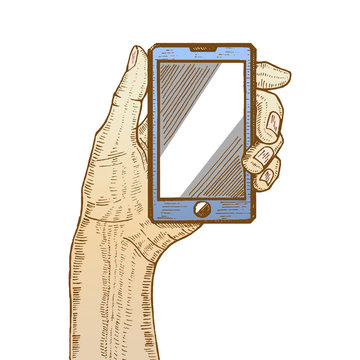 vector colored illustration with hand holding cellphone