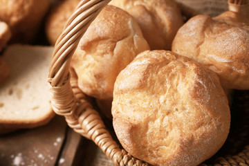 Basket with delicious bread, closeup