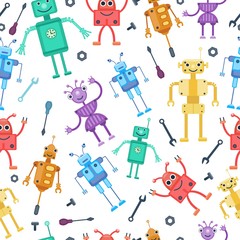 Seamless pattern by retro robots. Flat cartoon style. Vector illustration. Toy collection for children, boys