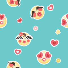Fototapeta premium Emojis colorful vector seamless pattern with emoticons, hearts and flowers