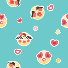 Poster Emojis colorful vector seamless pattern with emoticons, hearts and flowers © creationsofanna
