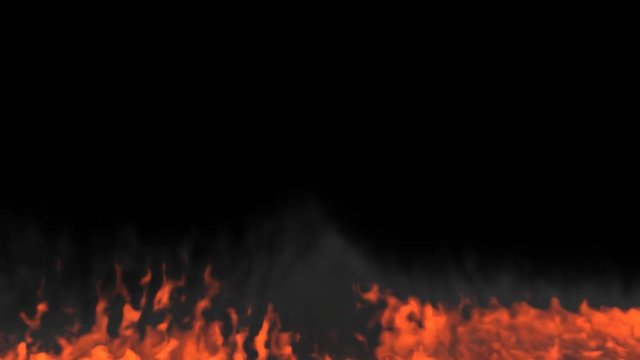 Animated slowly rising fire with dense dark smoke against black background. Mask included.