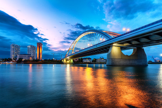Fototapeta Apollo bridge before storm with dramatic clouds at evening, Slovakia, Europe