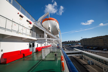 Lifeboats on upper deck of liner