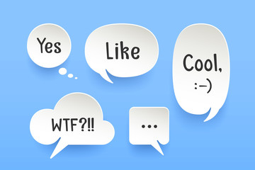 Set of paper bubble cloud talk with shadow. White paper isolated cloud talk silhouette with text Like, Cool, Yes, smile symbol. Design elements for speech, message, social network. Vector Illustration