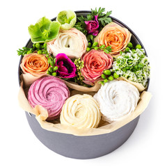 Gift box with cakes and flowers