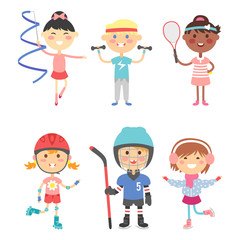 Young kids sportsmens future roller skates gymnastics children sport players vector illustration.