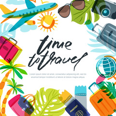 Vector banner, poster or flyer design template with palm leaves, plane, luggage and calligraphy lettering. Hand drawn illustration. Trendy concept for summer travel, holidays and tourism background
