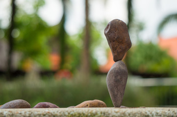 Rock balancing with palms in the background