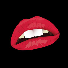 The woman's lips. Lush lips like a kiss. Red and pouting, On a black background. Erotica, sex, temptation.