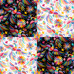 Mexican embroidery seamless pattern. Colorful and ornate ethnic pattern. Birds and flowers background. Floral background with bright ethnic ornament.