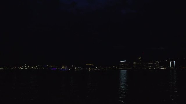 Swedish port city at night, pan right