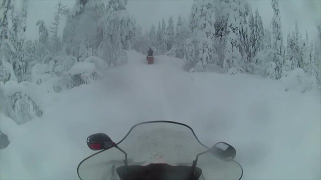 Driving snowmobile through Swedish wilderness, POV