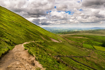 Footpath on Pendle Hill, Springtime in Forest of Bowland, Lancashire, England UK