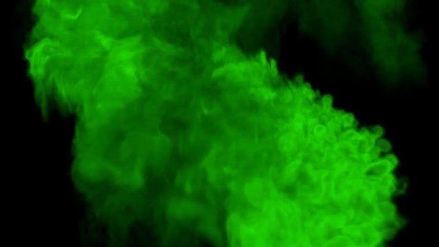 Animated stream, jet of green toxic smoke or gas bursting and spreading across whole screen against black background in 4k. Stream of smoke is swinging from right to left of the screen. Mask included.