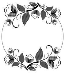 Silhouette floral round frame with halftone pattern. Vector clip art.