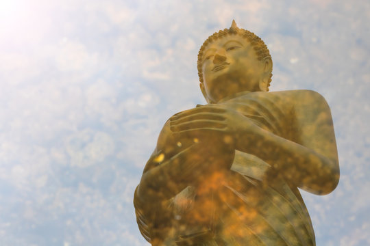 Water reflection, Buddha, alms.