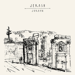 Ancient Roman city of Jerash, Jordan, Middle East. Hand drawn postcard