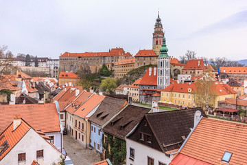 Fototapeta na wymiar Aerial view of old Town of Cesky Krumlov, Czech Republic. UNESCO World Heritage Site.