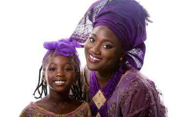 Beautiful portrait of African woman in traditional dress with pretty  small girl close up.Isolated