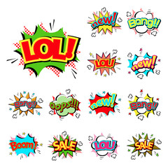 Pop art comic speech bubble boom effects vector explosion bang communication cloud fun humor illustration