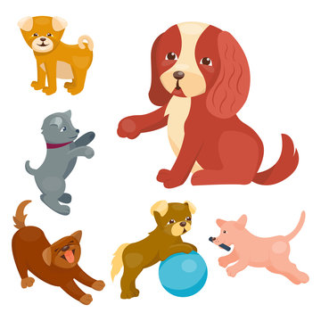 Vector illustration cute playing dogs characters funny purebred puppy comic happy mammal breed