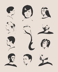 Collection of woman silhouettes with different hair styles.