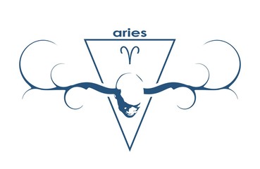 Image of man with horns of the deer and zodiac symbol. Front view. Vector illustration. Modern vector greeting card design template. Sign of the Ram