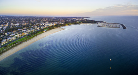 Aerial panorama of beautiful coastline of Melbourne and Port Phillip bay at sunset