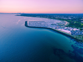 Aerial view of Sandringham Yacht club and marina at sunset. Melbourne, Victoria, Australia
