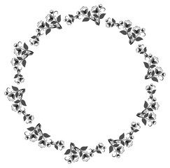Silhouette floral round frame with halftone pattern. Vector clip art.
