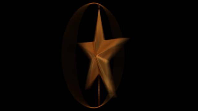 Animates bronze star in bronze ring spinning in opposite direction against black background in 4k. With motion blur. Mask included